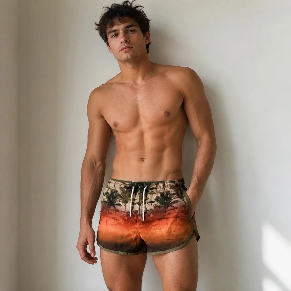 Parke Ronen Mens Swim Trunks Small Orange Tropical Sunset Palm Tree Dolphin Hem